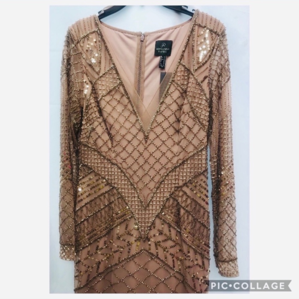 Adrianna-Papell beaded long sleeves V-Neck long evening Gown - Picture 6 of 9
